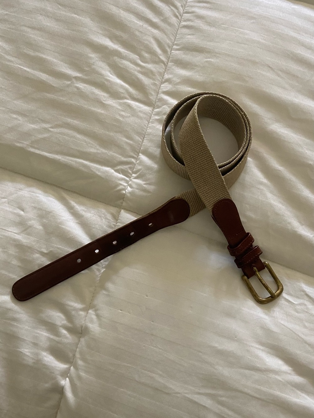 Coach Beige Linen Belt with Brown Leather Trim and Brass Buckle